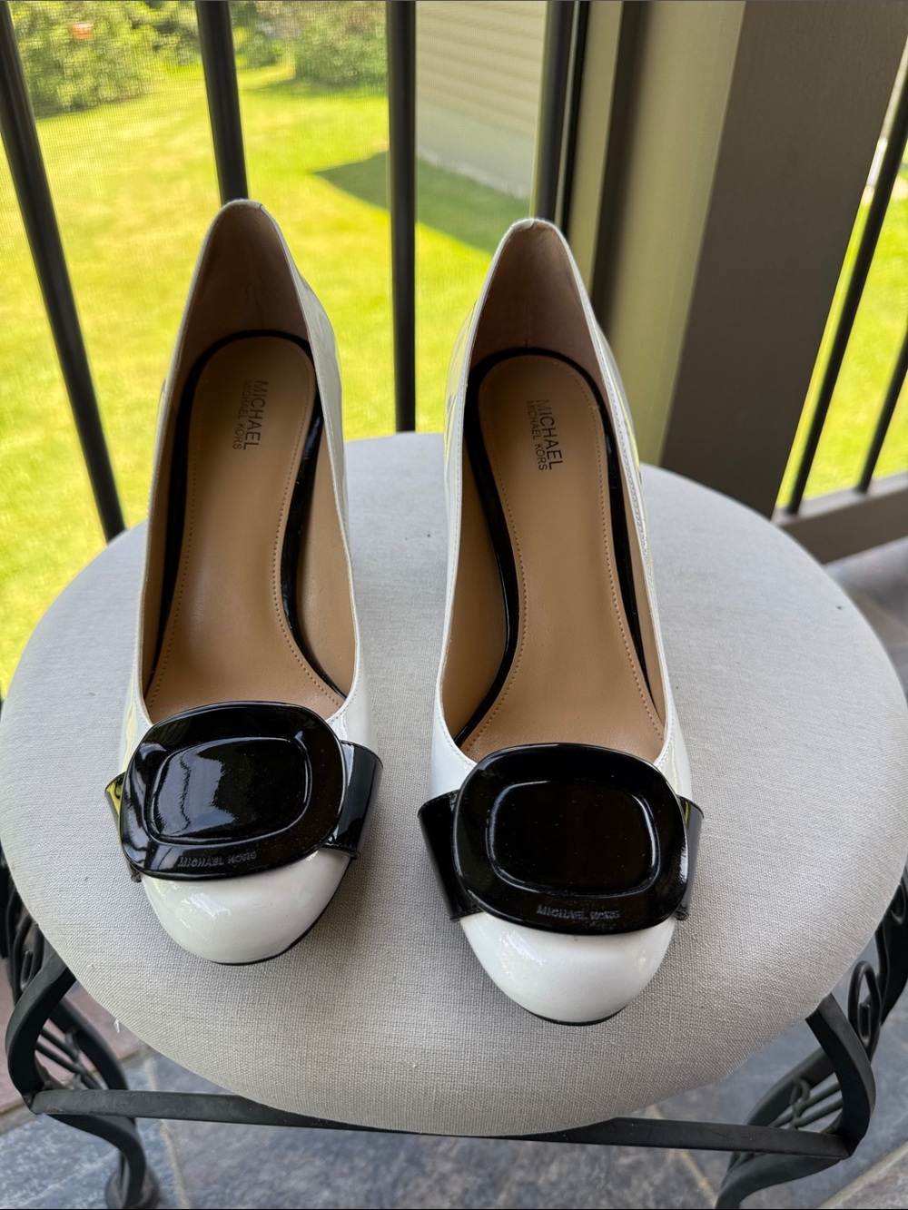 Michael Kors Two-Tone White and Black Patent Leather Pumps